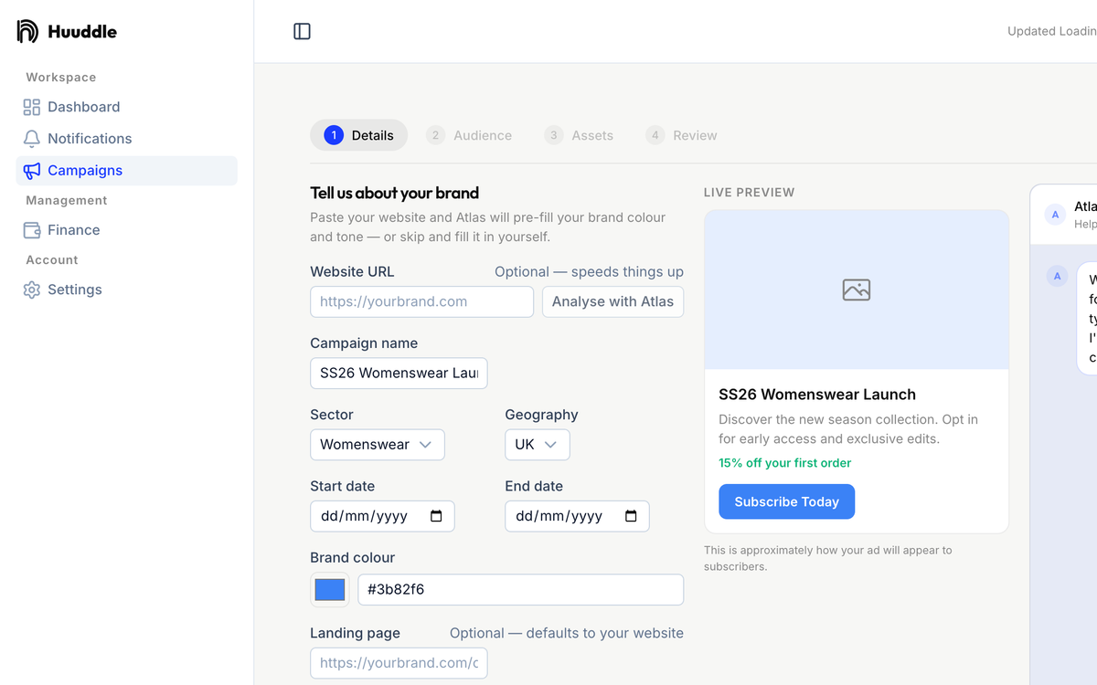 Huuddle campaign brief builder with Atlas helping prepare the campaign