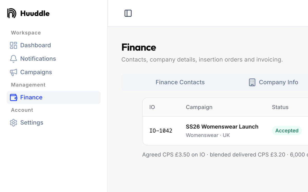 Huuddle finance insertion orders showing agreed cost per subscriber