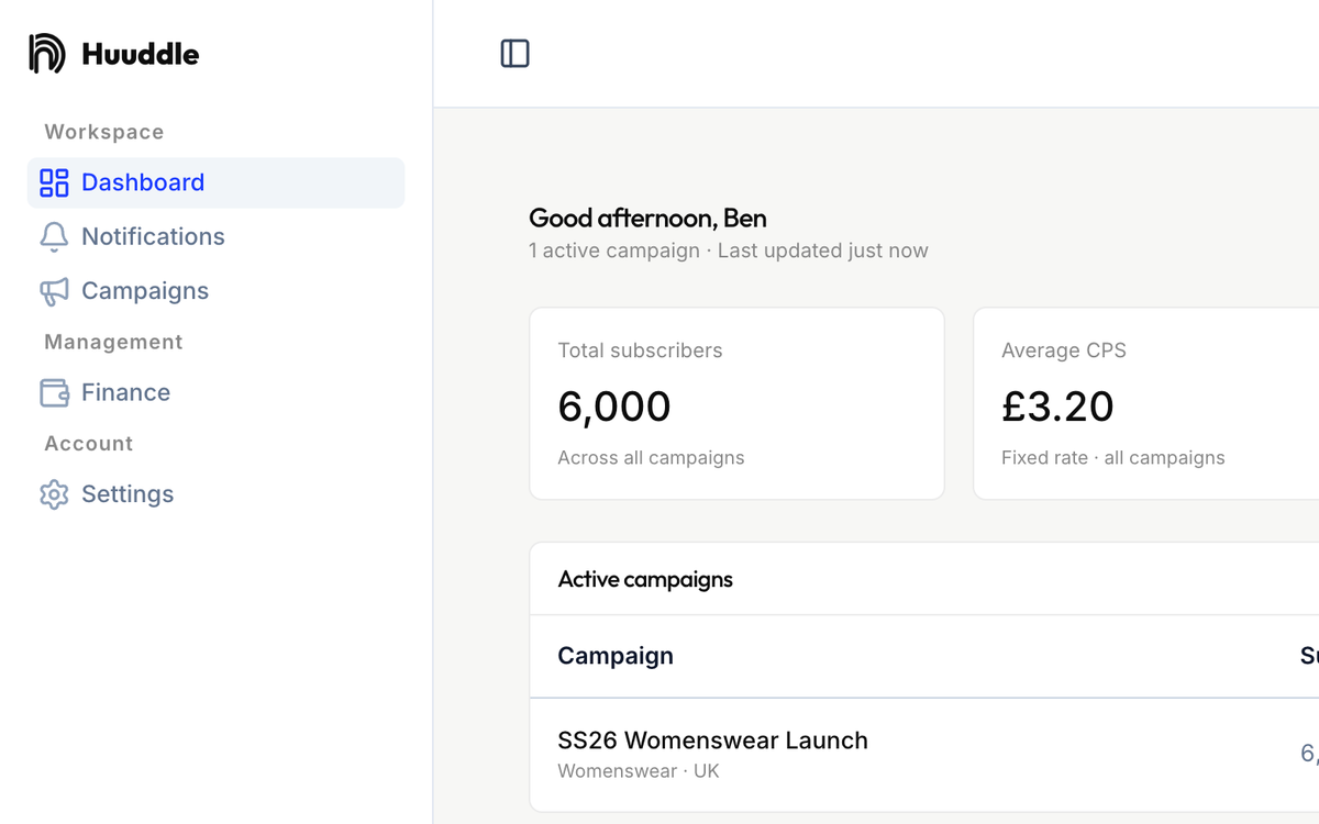 Huuddle Ad Manager dashboard showing active campaigns and subscriber metrics